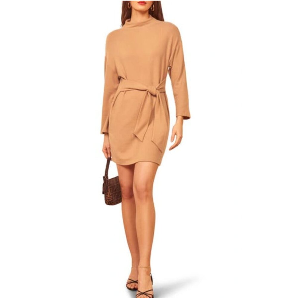 NWT Reformation Meagan Dress Sweater Mock Neck Tie Waist Buff, Sz Small